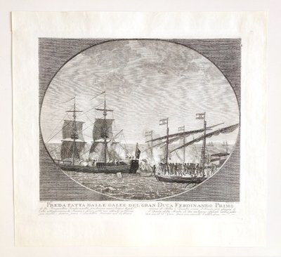 Antique engraving by Aliprandi Turkish brigands attacking Ferdinand I's ship 1606 maritime art