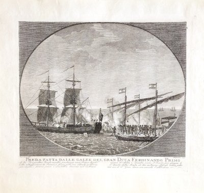 Antique engraving by Aliprandi Turkish brigands attacking Ferdinand I's ship 1606 maritime art