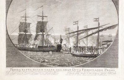 Antique engraving by Aliprandi Turkish brigands attacking Ferdinand I's ship 1606 maritime art