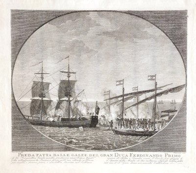 Antique engraving by Aliprandi Turkish brigands attacking Ferdinand I's ship 1606 maritime art
