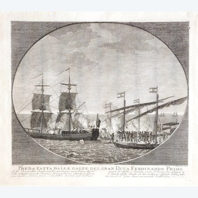 Antique engraving by Aliprandi Turkish brigands attacking Ferdinand I's ship 1606 maritime art