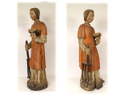 Large Polychrome Wooden Statue Saint Laurent Gril Cuisiniers 17th century