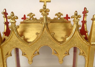Châse Reliquaire Bois Doré Chapelle Gothique Saints Vincent Fleur Lys 19th century