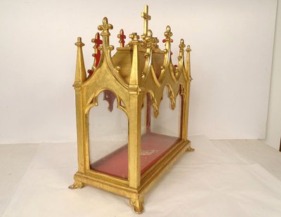 Châse Reliquaire Bois Doré Chapelle Gothique Saints Vincent Fleur Lys 19th century