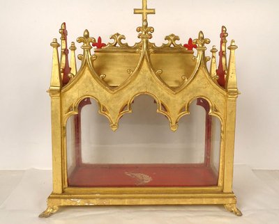 Châse Reliquaire Bois Doré Chapelle Gothique Saints Vincent Fleur Lys 19th century