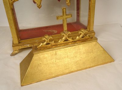 Châse Reliquaire Bois Doré Chapelle Gothique Saints Vincent Fleur Lys 19th century