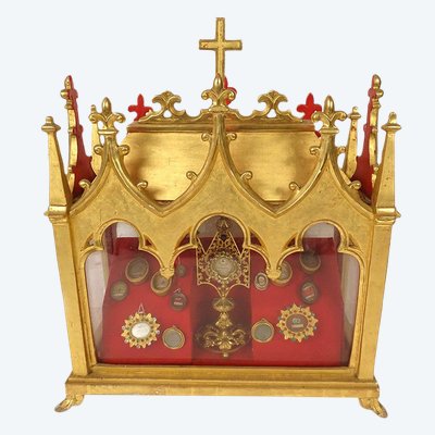 Châse Reliquaire Bois Doré Chapelle Gothique Saints Vincent Fleur Lys 19th century