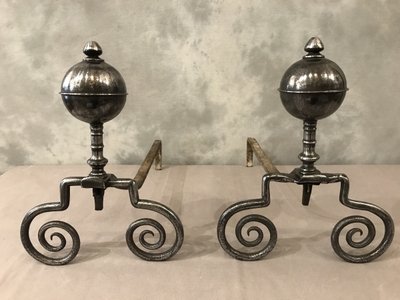 Beautiful 18th century wrought iron andirons with large balls