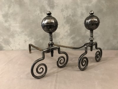Beautiful 18th century wrought iron andirons with large balls