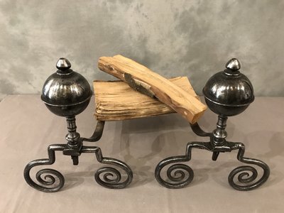 Beautiful 18th century wrought iron andirons with large balls