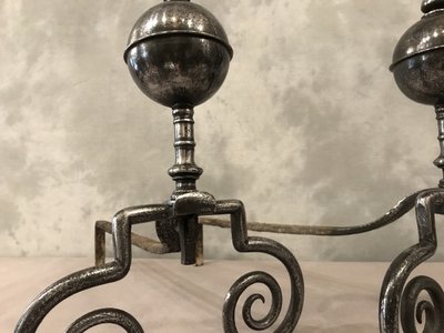 Beautiful 18th century wrought iron andirons with large balls