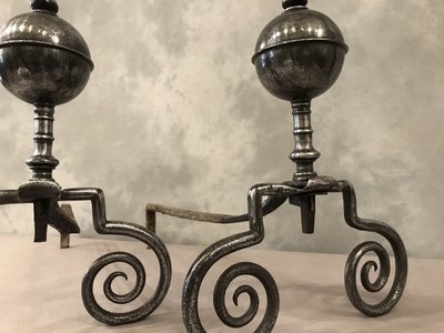 Beautiful 18th century wrought iron andirons with large balls