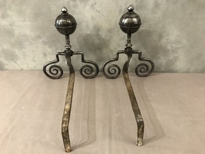Beautiful 18th century wrought iron andirons with large balls