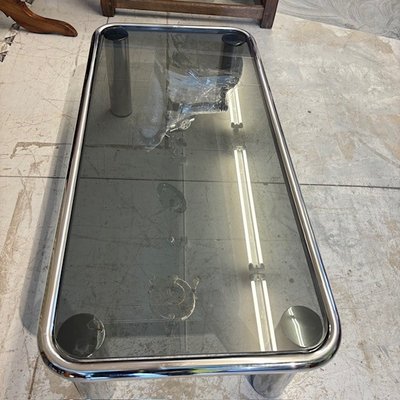 Smoking coffee table 1970s chrome and smoked glass - model Sesann Frattini for Cassina .mis120 x 60 x 3