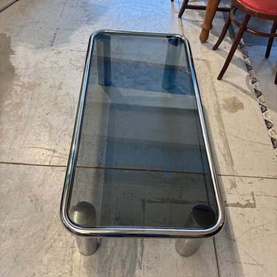 Smoking coffee table 1970s chrome and smoked glass - model Sesann Frattini for Cassina .mis120 x 60 x 3