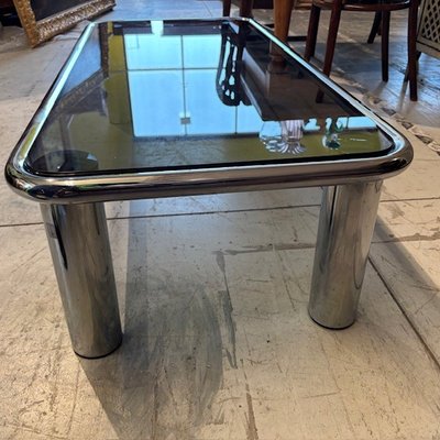 Smoking coffee table 1970s chrome and smoked glass - model Sesann Frattini for Cassina .mis120 x 60 x 3