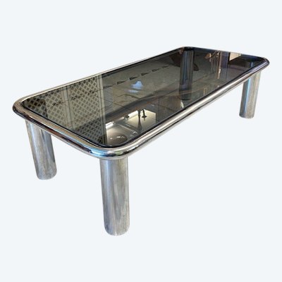 Smoking coffee table 1970s chrome and smoked glass - model Sesann Frattini for Cassina .mis120 x 60 x 3