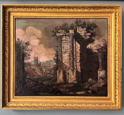 Architectural caprice with ancient ruins in grisaille - 18th century Italy