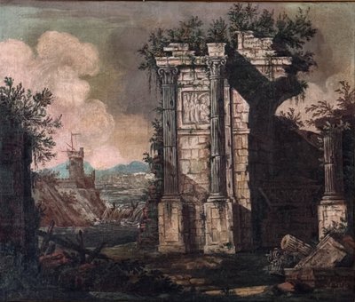 Architectural caprice with ancient ruins in grisaille - 18th century Italy