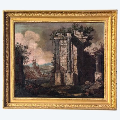 Architectural caprice with ancient ruins in grisaille - 18th century Italy