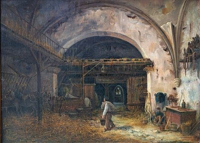 Eugène Ramade (1802-1890), Der junge Pferdepfleger im Stall, Öl