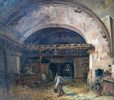 Eugène Ramade (1802-1890), Der junge Pferdepfleger im Stall, Öl