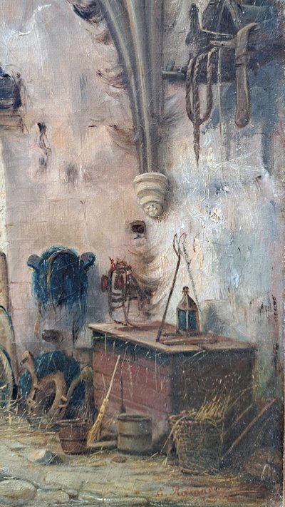 Eugène Ramade (1802-1890), Der junge Pferdepfleger im Stall, Öl