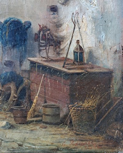Eugène Ramade (1802-1890), Der junge Pferdepfleger im Stall, Öl