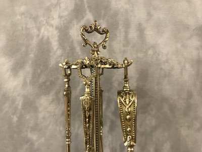 Antico set da camino in bronzo e ottone del XIX secolo 4 pezzi