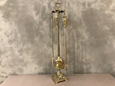 Antico set da camino in bronzo e ottone del XIX secolo 4 pezzi