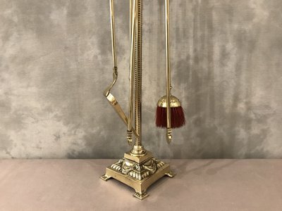 Antico set da camino in bronzo e ottone del XIX secolo 4 pezzi