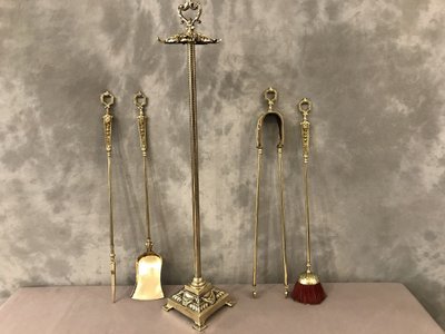 Antico set da camino in bronzo e ottone del XIX secolo 4 pezzi