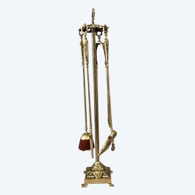 Antico set da camino in bronzo e ottone del XIX secolo 4 pezzi
