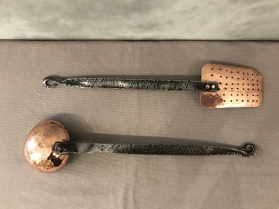 An 18th century copper ladle and skimmer