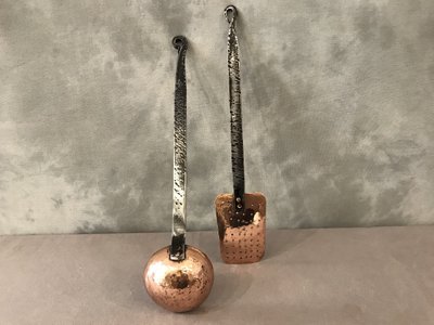 An 18th century copper ladle and skimmer