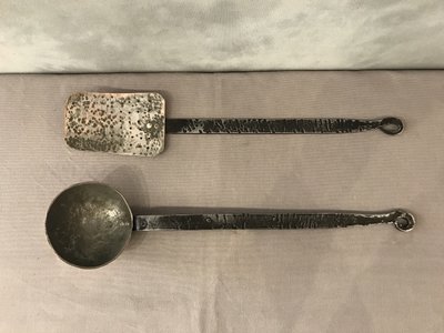 An 18th century copper ladle and skimmer