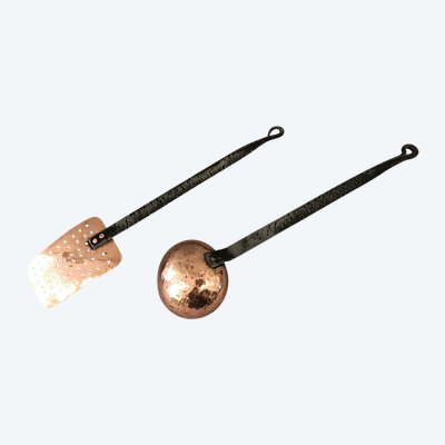 An 18th century copper ladle and skimmer