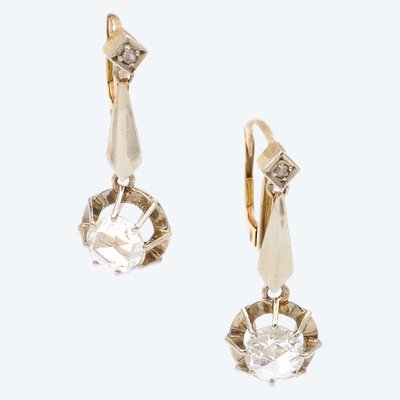 Dormeuses Art Deco diamants en or 18k et platine, taille rose hollandaise, 1,10ct, bijou ancien