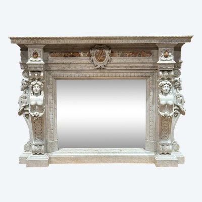 Fireplace carved in white marble and breccia inserts, second half of the 19th century