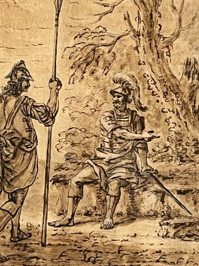 Roman Centurion at Rest, 18th century Italian school, Brown ink wash