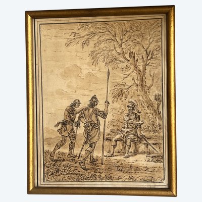 Roman Centurion at Rest, 18th century Italian school, Brown ink wash