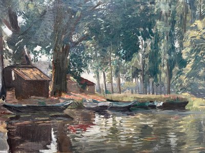 Painting HST "Bord de rivière" post impressionist 1904 signed J. Bedorez