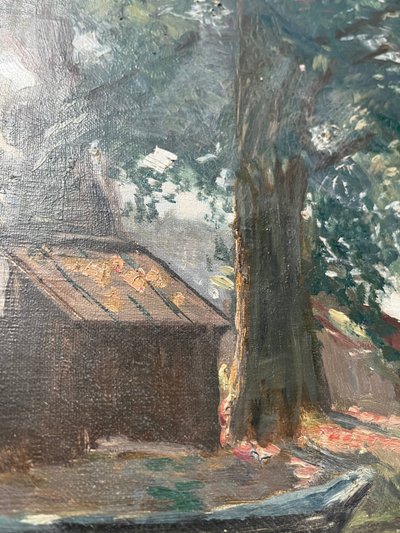 Painting HST "Bord de rivière" post impressionist 1904 signed J. Bedorez