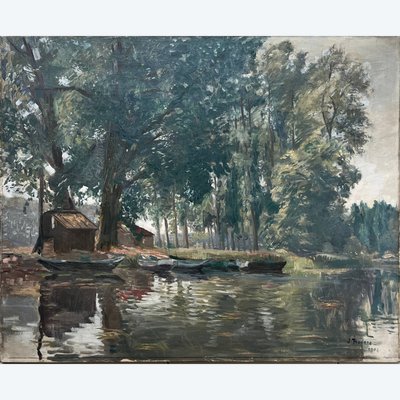 Painting HST "Bord de rivière" post impressionist 1904 signed J. Bedorez