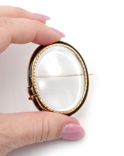 Erinnerungsgürtelbrosche aus 18k Gold, Erinnerungsbrosche, Fotohalter, schwarzes Emaille