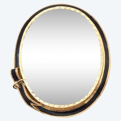 Erinnerungsgürtelbrosche aus 18k Gold, Erinnerungsbrosche, Fotohalter, schwarzes Emaille