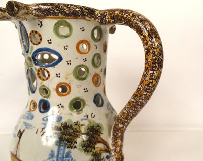 Pichet Trompeur Pot Surprise Faïence Nevers Train Bateaux Gabares 19th century