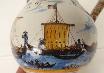 Pichet Trompeur Pot Surprise Faïence Nevers Train Bateaux Gabares 19th century