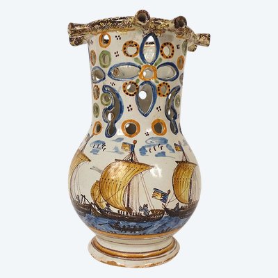 Pichet Trompeur Pot Surprise Faïence Nevers Train Bateaux Gabares 19th century