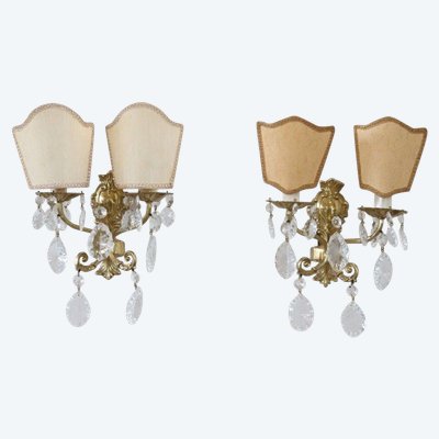 Sconces In Gilded Bronze And Crystal, 1980s, Set Of 2